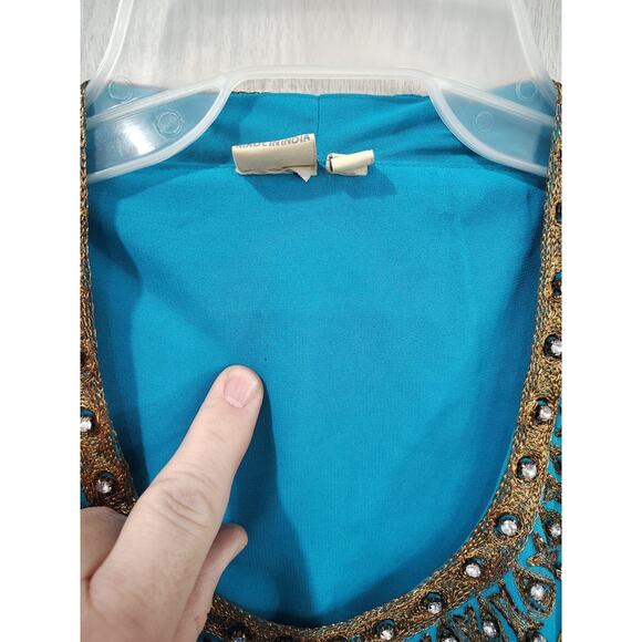 Indian Blue Sequin Jeweled Gold XL Embroidered Tunic Top Turquoise Ornate Saree - Picture 3 of 8